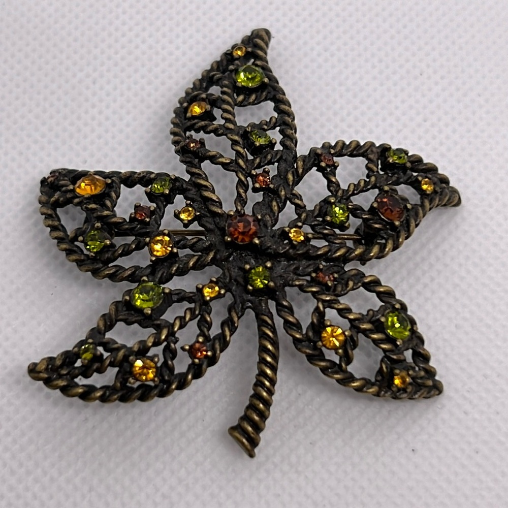 Vintage Avon brooch brass leaf with rhinestones
